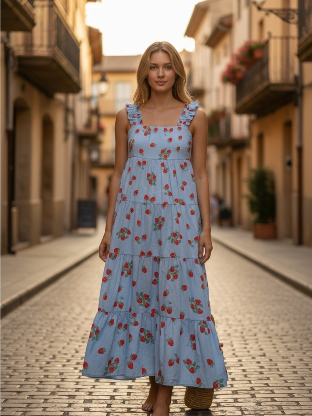 BLUE NOVELTY CHERRY FRUIT PRINT MAXI DRESS SMOCKED BACK RUFFLE SLEEVES SIZE M